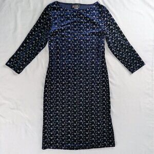VTG Deep Blue Velvet Silver Metallic Shimmer Design Long Sleeve Dress